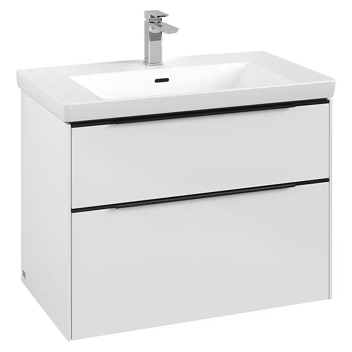 Villeroy & Boch Subway 3.0 Waschbeckenunterschrank - Brilliant White, Anzahl Schubladen: 2 Stk., Farbe Griff: Volcano Black, B x T x H: 77,2 x 47,8 x 57,6 cm - Ein weißer Waschtischunterschrank mit zwei Schubladen und einem modernen Chrom-Wasserhahn. Das Möbelstück bietet stilvollen Stauraum im Badezimmer.