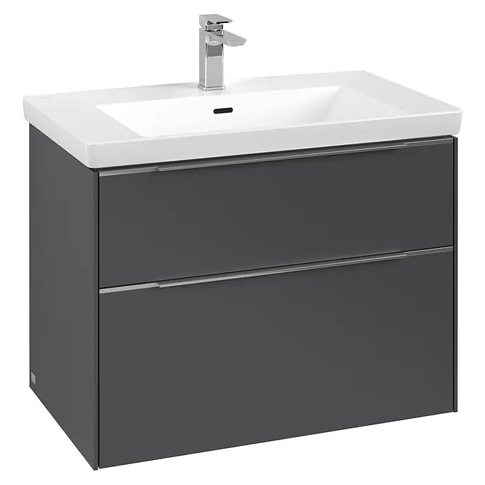 Villeroy & Boch Subway 3.0 Waschbeckenunterschrank - Graphite, Anzahl Schubladen: 2 Stk., Farbe Griff: Aluminium glänzend, B x T x H: 77,2 x 47,8 x 57,6 cm - Das Bild zeigt einen modernen grauen Waschtisch mit zwei Schubladen und einem weißen Waschbecken mit Armatur.