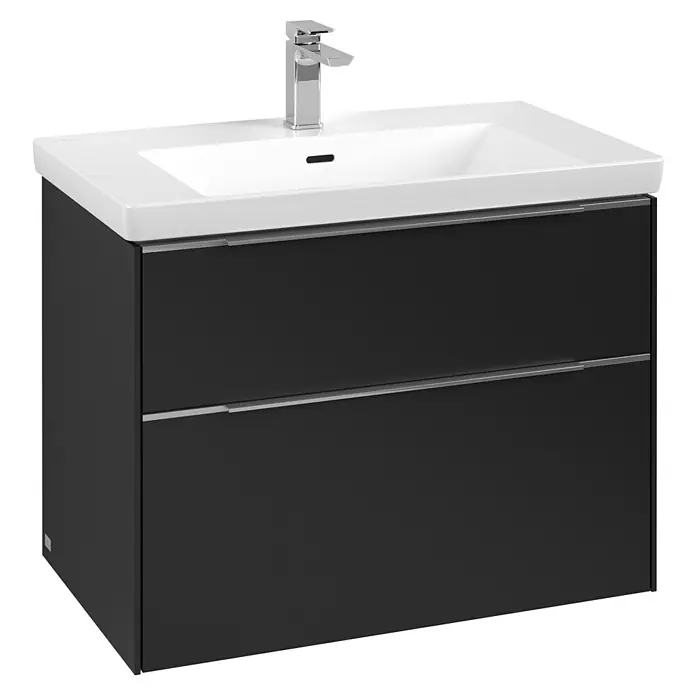 Villeroy & Boch Subway 3.0 Waschbeckenunterschrank - Volcano Black, Anzahl Schubladen: 2 Stk., Farbe Griff: Aluminium glänzend, B x T x H: 77,2 x 47,8 x 57,6 cm - Elegantes Waschbecken mit Unterschrank in Anthrazit und weißem Keramikwaschtisch, inklusive Armatur und Handtuchhalter.