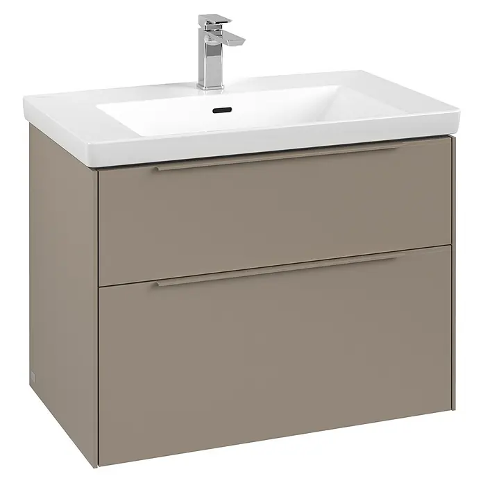 Villeroy & Boch Subway 3.0 Waschbeckenunterschrank - Taupe, Anzahl Schubladen: 2 Stk., Farbe Griff: Monochrom, B x T x H: 77,2 x 47,8 x 57,6 cm - Hochauflösendes Bild eines modernen Waschtischunterschranks in Beige mit zwei Schubladen und einem Waschbecken mit Armatur.
