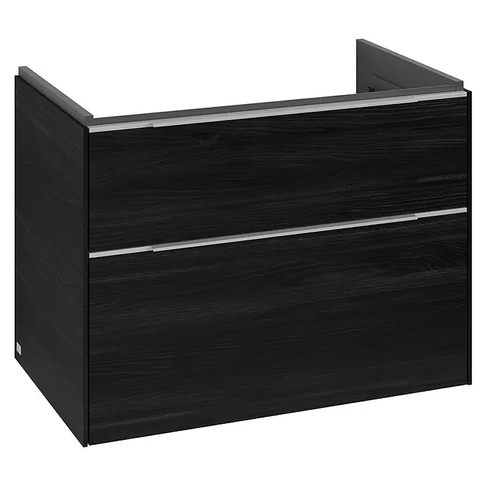 Villeroy & Boch Subway 3.0 Waschbeckenunterschrank - Black Oak, Anzahl Schubladen: 2 Stk., Farbe Griff: Aluminium glänzend, B x T x H: 77,2 x 47,8 x 57,6 cm, Mit Beleuchtung - Schwarzer Waschtischunterschrank mit zwei Schubladen und schlichten Griffen für ein modernes Badezimmerdesign.
