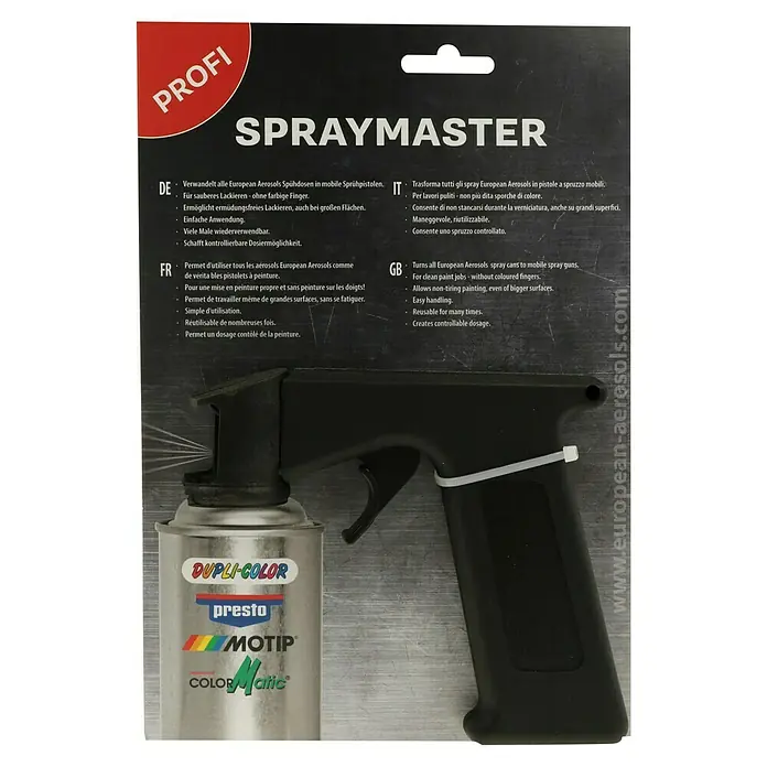 Dupli-Color Sprühhilfe Spraymaster - Kunststoff - Produktbild eines "SPRAYMASTER" Sprühpistolenaufsatzes für Lacksprühdosen, der das Lackieren erleichtert und saubere Ergebnisse ermöglicht.