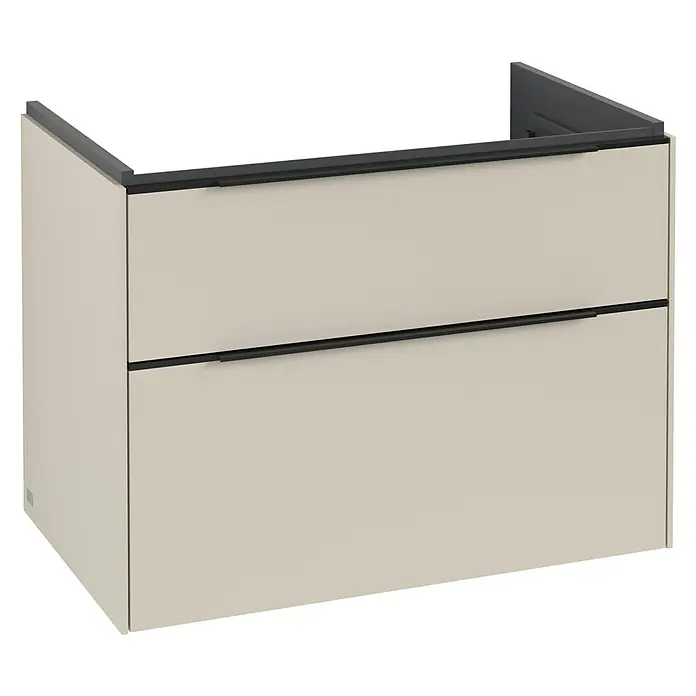 Villeroy & Boch Subway 3.0 Waschbeckenunterschrank - Cashmere Grey, Anzahl Schubladen: 2 Stk., Farbe Griff: Volcano Black, B x T x H: 77,2 x 47,8 x 57,6 cm - Moderne Waschtischunterschrank mit zwei Schubladen in Beige und dunklen Griffen, ideal für stilvolle Badezimmer.