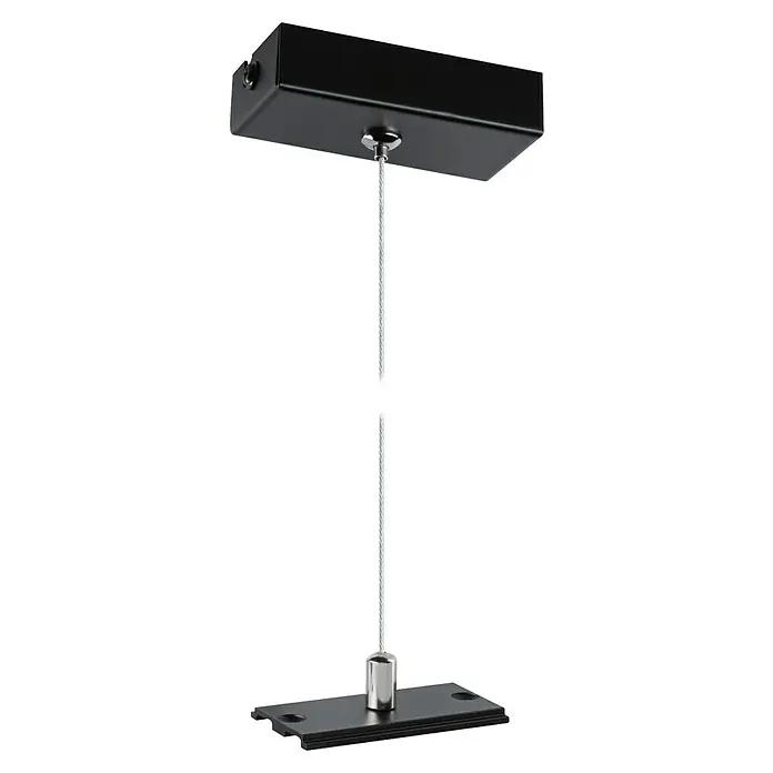Paulmann Linion Abhängung Seil - L x B x H: 150 x 150 x 4 cm, Signalschwarz - Aufnahme des linearen LED-Pendelleuchten-Kits mit einem schwarzen Gehäuse und einem Drahtseil, das an einer schwarzen rechteckigen Basis befestigt ist.