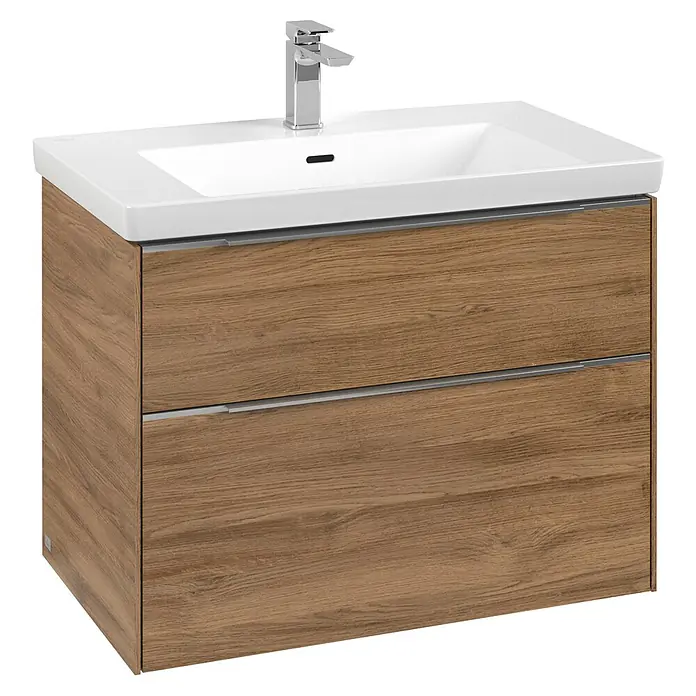Villeroy & Boch Subway 3.0 Waschbeckenunterschrank - Kansas Oak, Anzahl Schubladen: 2 Stk., Farbe Griff: Aluminium glänzend, B x T x H: 77,2 x 47,8 x 57,6 cm, Mit Beleuchtung - Ein moderner Waschtischunterschrank in Holzoptik mit zwei Schubladen und einem weißen Waschbecken.