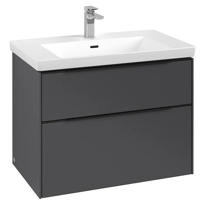 Villeroy & Boch Subway 3.0 Waschbeckenunterschrank - Graphite, Anzahl Schubladen: 2 Stk., Farbe Griff: Volcano Black, B x T x H: 77,2 x 47,8 x 57,6 cm - Grauer Waschtischunterschrank mit zwei Schubladen und weißem Waschbecken. Moderne Badmöbel für ein stilvolles Badezimmer.