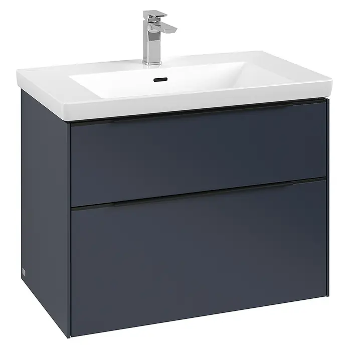 Villeroy & Boch Subway 3.0 Waschbeckenunterschrank - Marine Blue, Anzahl Schubladen: 2 Stk., Farbe Griff: Volcano Black, B x T x H: 77,2 x 47,8 x 57,6 cm - Ein moderner Waschtischunterschrank mit zwei Schubladen und einem eleganten Waschbecken, ideal für jedes Badezimmer.