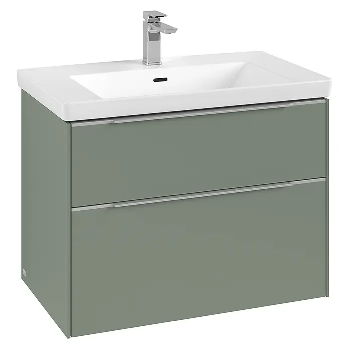 Villeroy & Boch Subway 3.0 Waschbeckenunterschrank - Soft Green, Anzahl Schubladen: 2 Stk., Farbe Griff: Aluminium glänzend, B x T x H: 77,2 x 47,8 x 57,6 cm, Mit Beleuchtung - Moderner Waschtischunterschrank in Olivgrün mit zwei Schubladen und einem Waschbecken aus weißer Keramik samt Armatur.