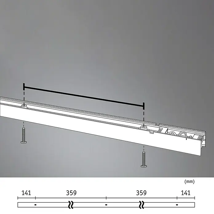 Paulmann Linion Stromeinspeisung Power Channel - 100 x 4 x 4 cm, Signalschwarz, Dimmbar - Detailaufnahme einer weißen Schiene mit Schrauben und Maßangaben für die Montage.