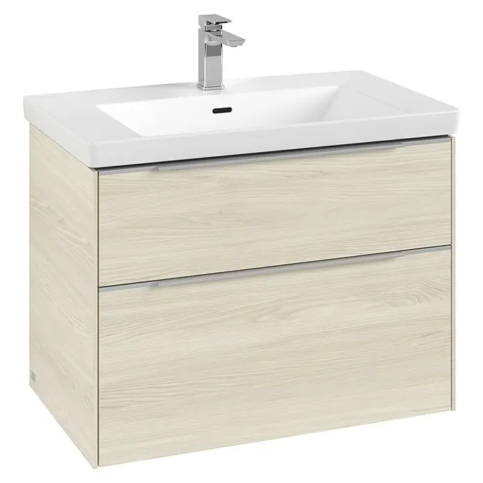 Villeroy & Boch Subway 3.0 Waschbeckenunterschrank - White Oak, Anzahl Schubladen: 2 Stk., Farbe Griff: Aluminium glänzend, B x T x H: 77,2 x 47,8 x 57,6 cm, Mit Beleuchtung - Ein moderner Waschtisch mit zwei Schubladen und einem weißen Waschbecken. Die Holzoptik der Schubladen verleiht dem Möbelstück einen natürlichen Touch.