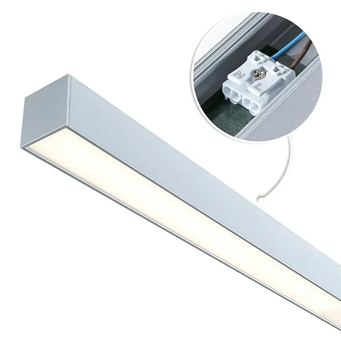 Paulmann Linion Stromeinspeisung Power Channel - 100 x 4 x 4 cm, Chrom matt, Nicht Dimmbar - Produktbild einer modernen, linearen LED-Deckenleuchte in Silber. Sie ist minimalistisch gestaltet und sorgt für helles, gleichmäßiges Licht.