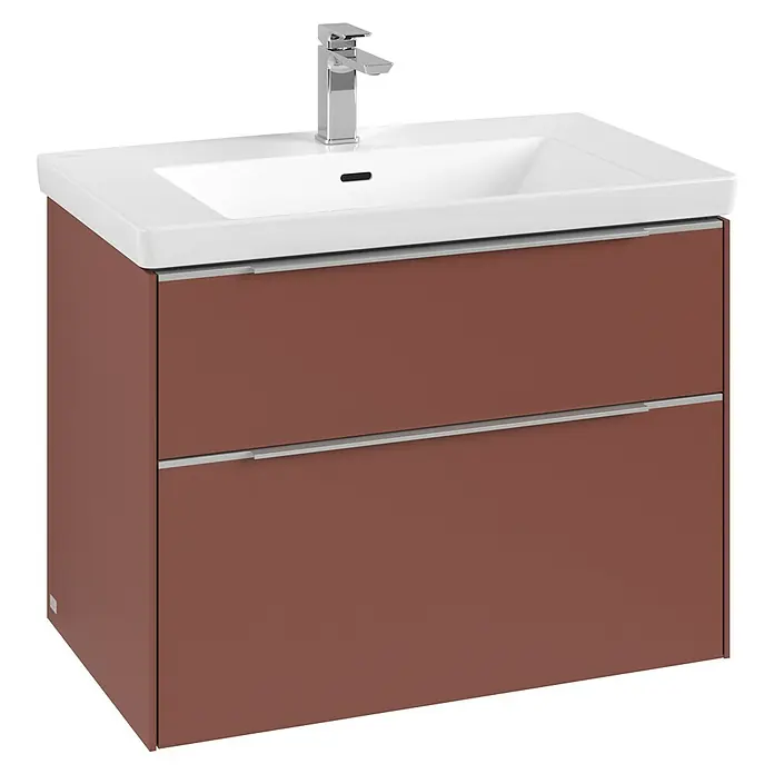 Villeroy & Boch Subway 3.0 Waschbeckenunterschrank - Wine Red, Anzahl Schubladen: 2 Stk., Farbe Griff: Aluminium glänzend, B x T x H: 77,2 x 47,8 x 57,6 cm, Mit Beleuchtung - Ein moderner Badezimmerschrank in Braun mit Waschbecken und Chromarmatur, ideal für stilvolle Badezimmer.