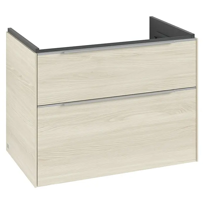 Villeroy & Boch Subway 3.0 Waschbeckenunterschrank - White Oak, Anzahl Schubladen: 2 Stk., Farbe Griff: Aluminium glänzend, B x T x H: 77,2 x 47,8 x 57,6 cm, Mit Beleuchtung - Ein moderner Unterschrank mit zwei Schubladen in heller Holzoptik, ideal für Badezimmer oder andere Räume. Praktisches Design für Stauraum.