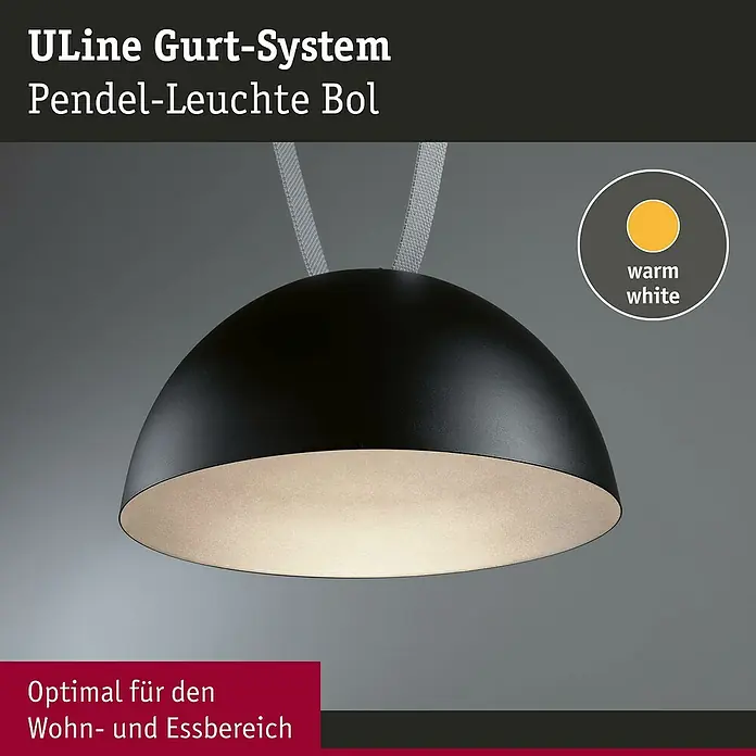 Paulmann ULine LED-Pendelleuchte rund Bol - 12 W, Ø x H: 30 x 16 cm, Warmweiß, Schwarz - Abbildung einer ULine Gurt-System Pendelleuchte Bol mit warmweissem Licht, ideal für Wohn- und Essbereiche.