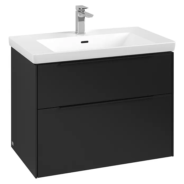 Villeroy & Boch Subway 3.0 Waschbeckenunterschrank - Volcano Black, Anzahl Schubladen: 2 Stk., Farbe Griff: Volcano Black, B x T x H: 77,2 x 47,8 x 57,6 cm - Ein modernes Badezimmer-Waschbecken mit zwei Schubladen in dunkler Ausführung und einer weißen Oberfläche mit Armatur.