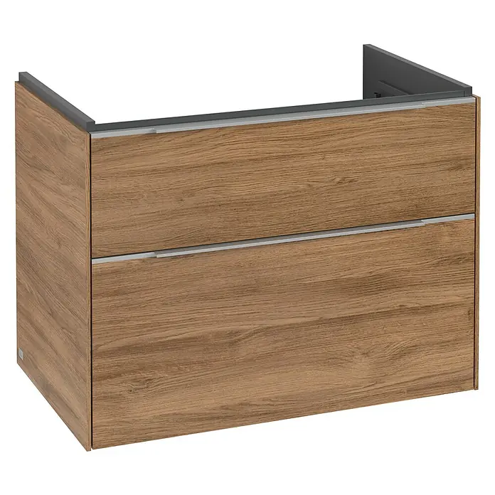 Villeroy & Boch Subway 3.0 Waschbeckenunterschrank - Kansas Oak, Anzahl Schubladen: 2 Stk., Farbe Griff: Aluminium glänzend, B x T x H: 77,2 x 47,8 x 57,6 cm, Mit Beleuchtung - Holzfarbener Waschtischunterschrank mit zwei Schubladen und grauen Griffen. Ideal für jedes moderne Badezimmer, bietet er viel Stauraum.