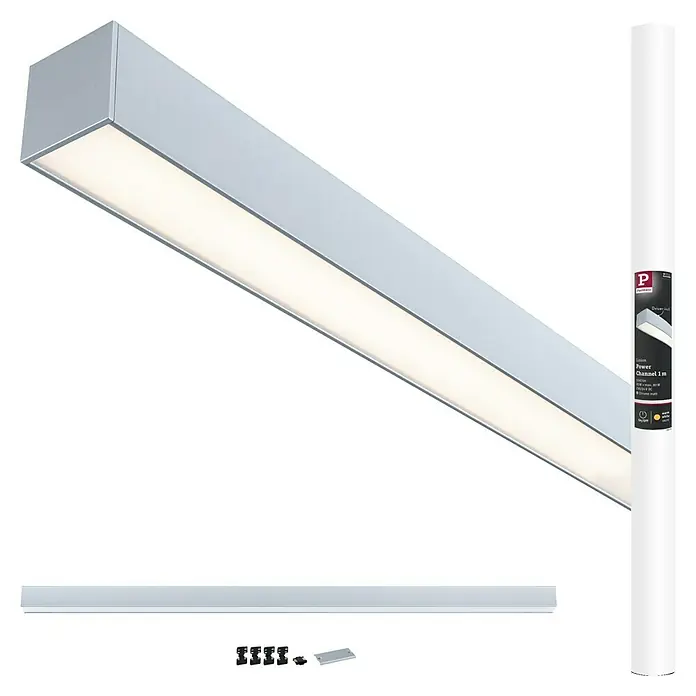 Paulmann Linion Stromeinspeisung Power Channel - 100 x 4 x 4 cm, Chrom matt, Nicht Dimmbar - Das Bild zeigt ein LED-Lichtleisten-Set mit Zubehör, ideal für moderne Beleuchtungslösungen und einfache Installation.