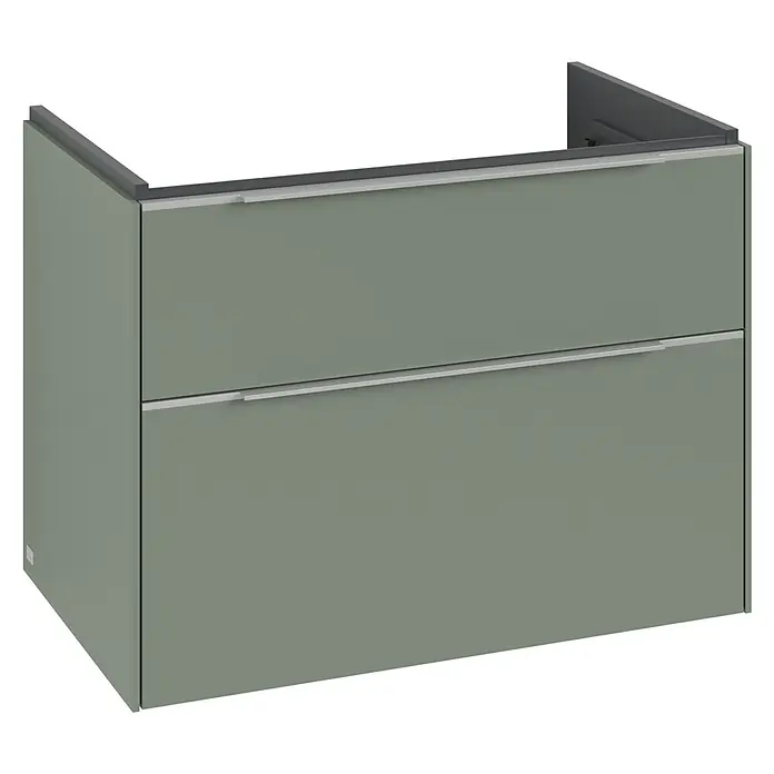 Villeroy & Boch Subway 3.0 Waschbeckenunterschrank - Soft Green, Anzahl Schubladen: 2 Stk., Farbe Griff: Aluminium glänzend, B x T x H: 77,2 x 47,8 x 57,6 cm, Mit Beleuchtung - Ein moderner, grauer Badezimmerschrank mit zwei Schubladen und eleganten, silbernen Griffen. Das Möbelstück ist stilvoll und funktional.