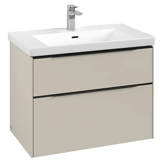 Villeroy & Boch Subway 3.0 Waschbeckenunterschrank - Cashmere Grey, Anzahl Schubladen: 2 Stk., Farbe Griff: Volcano Black, B x T x H: 77,2 x 47,8 x 57,6 cm - Waschbeckenunterschrank in Beige mit zwei Schubladen und einem modernen Design, ideal für jedes Badezimmer.