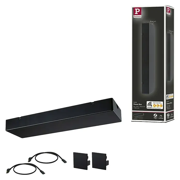 Paulmann Linion Stromeinspeisung Power Box - L x B x H: 10 x 36,5 x 4 cm, Signalschwarz, Dimmbar, 144 W - Abbildung einer Paulmann Linion Power Box in Schwarz matt, ideal für intelligente Beleuchtungssysteme.