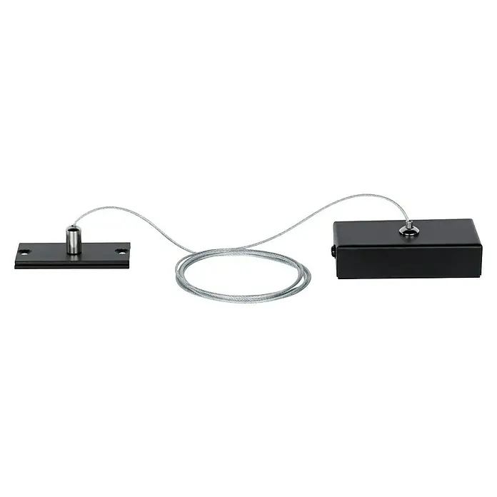 Paulmann Linion Abhängung Seil - L x B x H: 150 x 150 x 4 cm, Signalschwarz - Produktansicht eines Deckenbefestigungssets mit Kabelaufhängung, bestehend aus zwei schwarzen Elementen und einem Drahtseil.