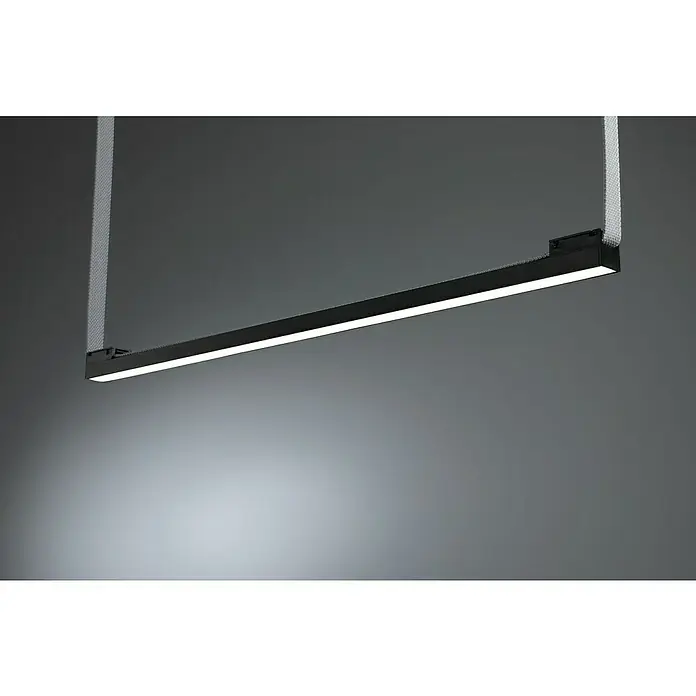 Paulmann ULine LED-Spot Lightbar - 18,5 W, Schwarz, 2,9 x 65 x 2,6 cm - Modernes lineares LED-Pendelleuchte mit schwarzem Gehäuse und heller Beleuchtung, die von grauen Bändern von der Decke hängt.