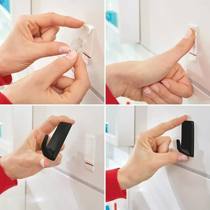 Tesa Powerstrips Selbstklebehaken - Eckig, Größe: L, Schwarz, 2 Stk. - Anbringen eines selbstklebenden Hakens an einer weißen Oberfläche, demonstriert in vier Schritten die einfache Installation.
