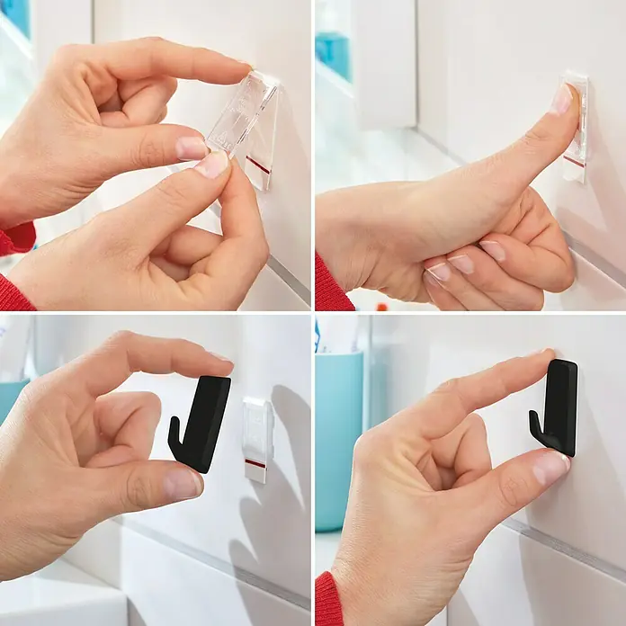 Tesa Powerstrips Selbstklebehaken - Eckig, Größe: S, Schwarz, 3 Stk. - Schrittweise Montage eines schwarzen Klebehaken-Sets an einer Badezimmerwand.