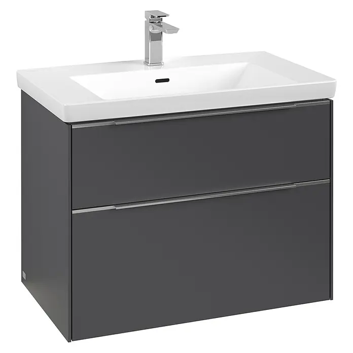 Villeroy & Boch Subway 3.0 Waschbeckenunterschrank - Graphite, Anzahl Schubladen: 2 Stk., Farbe Griff: Aluminium glänzend, B x T x H: 77,2 x 47,8 x 57,6 cm, Mit Beleuchtung - Ein moderner grauer Waschtisch mit zwei Schubladen und einem eingelassenen Waschbecken. Der Chromhahn rundet das elegante Design ab.