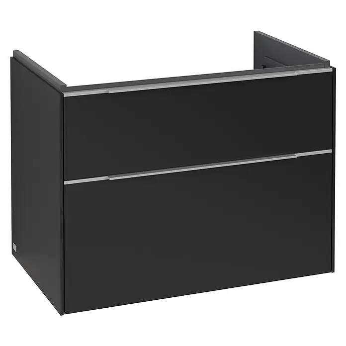 Villeroy & Boch Subway 3.0 Waschbeckenunterschrank - Volcano Black, Anzahl Schubladen: 2 Stk., Farbe Griff: Aluminium glänzend, B x T x H: 77,2 x 47,8 x 57,6 cm, Mit Beleuchtung - Ein moderner schwarzer Waschtischunterschrank mit zwei Schubladen und eleganten silbernen Griffen. Perfekt für ein stilvolles Badezimmerdesign.