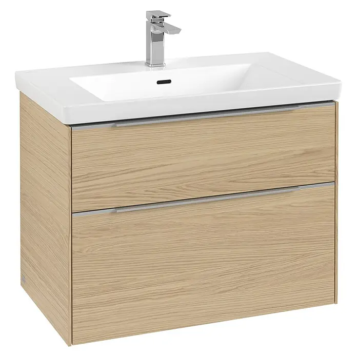 Villeroy & Boch Subway 3.0 Waschbeckenunterschrank - Nordik Oak, Anzahl Schubladen: 2 Stk., Farbe Griff: Aluminium glänzend, B x T x H: 77,2 x 47,8 x 57,6 cm, Mit Beleuchtung - Moderner Waschtischunterschrank mit zwei Schubladen und einem weißen Aufsatzwaschbecken. Die Schubladen haben eine helle Holzoptik.