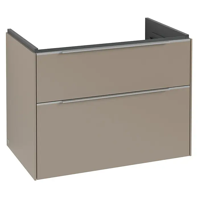Villeroy & Boch Subway 3.0 Waschbeckenunterschrank - Taupe, Anzahl Schubladen: 2 Stk., Farbe Griff: Aluminium glänzend, B x T x H: 77,2 x 47,8 x 57,6 cm, Mit Beleuchtung - Bild eines modernen, zweischübigen Waschtischunterschranks in einer eleganten, neutralen Farbe mit schlichten, horizontalen Griffen.