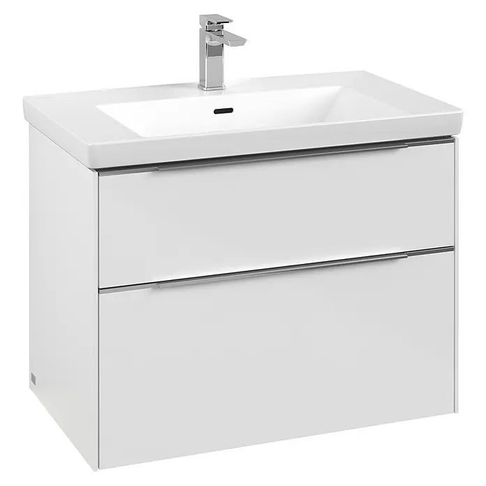 Villeroy & Boch Subway 3.0 Waschbeckenunterschrank - Brilliant White, Anzahl Schubladen: 2 Stk., Farbe Griff: Aluminium glänzend, B x T x H: 77,2 x 47,8 x 57,6 cm, Mit Beleuchtung - Moderner Badezimmerschrank mit Waschbecken und zwei Schubladen in glänzendem Weiß, ideal für ein stilvolles Badambiente.