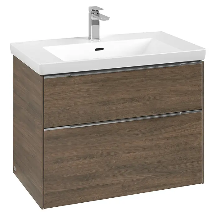 Villeroy & Boch Subway 3.0 Waschbeckenunterschrank - Arizona Oak, Anzahl Schubladen: 2 Stk., Farbe Griff: Aluminium glänzend, B x T x H: 77,2 x 47,8 x 57,6 cm, Mit Beleuchtung - Ein moderner Waschtischunterschrank in Holzoptik mit zwei Schubladen und einem weißen Aufsatzwaschbecken mit Armatur. Perfekt für jedes Badezimmer.