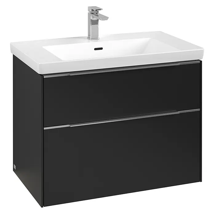 Villeroy & Boch Subway 3.0 Waschbeckenunterschrank - Volcano Black, Anzahl Schubladen: 2 Stk., Farbe Griff: Aluminium glänzend, B x T x H: 77,2 x 47,8 x 57,6 cm, Mit Beleuchtung - Moderner schwarzer Waschtischunterschrank mit weißem Aufsatzwaschbecken und Chromarmatur, ideal für jedes Badezimmer.