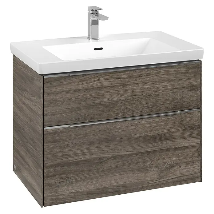 Villeroy & Boch Subway 3.0 Waschbeckenunterschrank - Stone Oak, Anzahl Schubladen: 2 Stk., Farbe Griff: Aluminium glänzend, B x T x H: 77,2 x 47,8 x 57,6 cm, Mit Beleuchtung - Modernes Waschbecken mit Holzschrank und Chromarmatur für Badezimmer. Das Design verbindet Funktionalität mit ästhetischem Reiz.