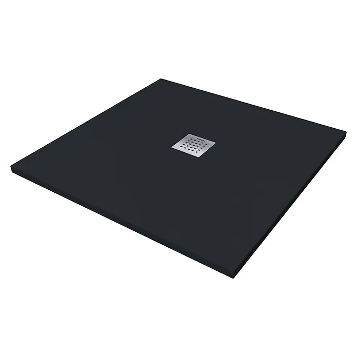 Camargue Duschwanne Brooklyn - L x B: 90 x 90 cm, Mineralguss, Schwarz - Schwarze Duschwanne mit quadratischem Abfluss in der Mitte, ideal für ein modernes Badezimmerdesign. Die Wanne bietet eine ebene Fläche für Komfort.