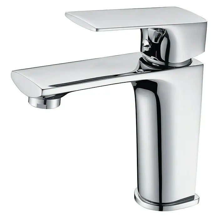 Imex Bali Grifo de lavabo - Cromo, Brillante - Primer plano de un grifo de baño cromado brillante con un diseño moderno y rectangular que combina elegancia y funcionalidad.