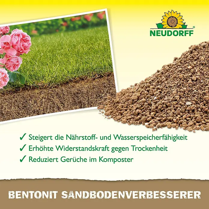 Neudorff Betonit Sandboden-Verbesserer - 10 kg, Max. Anwendungsfläche: 100 m² - Produktabbildung von Neudorff Bentonit Sandbodenverbesserer, einem Bodenverbesserer für sandige Böden zur Nährstoff- und Wasserspeicherung.