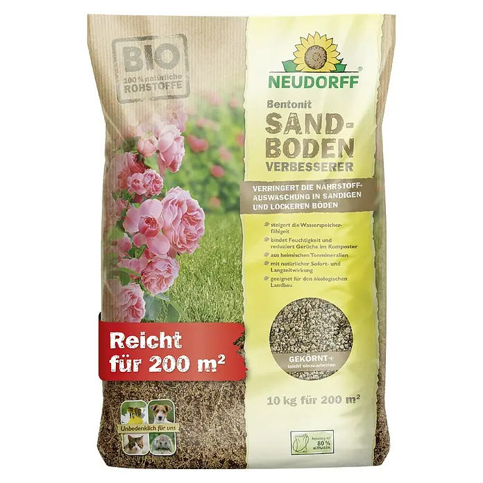 Neudorff Betonit Sandboden-Verbesserer - 10 kg, Max. Anwendungsfläche: 100 m² - Ein Sack Neudorff Bentonit Sandbodenverbesserer, ein Produkt zur Verbesserung von Sandböden auf natürliche Weise für gesunde Pflanzen.