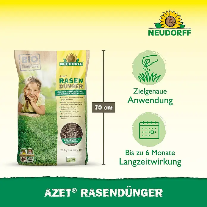 Neudorff Azet Rasendünger - 20 kg, Max. Anwendungsfläche: 400 m² - Produktabbildung von Neudorff Azet Rasendünger, einem organischen Rasendünger für einen dichten und grünen Rasen, mit Langzeitwirkung.