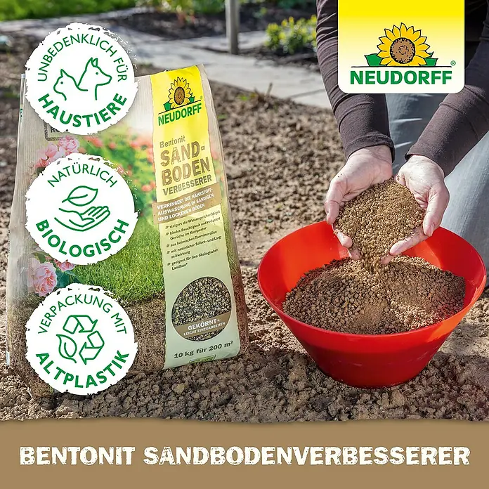 Neudorff Betonit Sandboden-Verbesserer - 10 kg, Max. Anwendungsfläche: 100 m² - Ein Sack Bentonit Sandbodenverbesserer von Neudorff, mit Hinweisen zu Inhaltsstoffen und Anwendung.