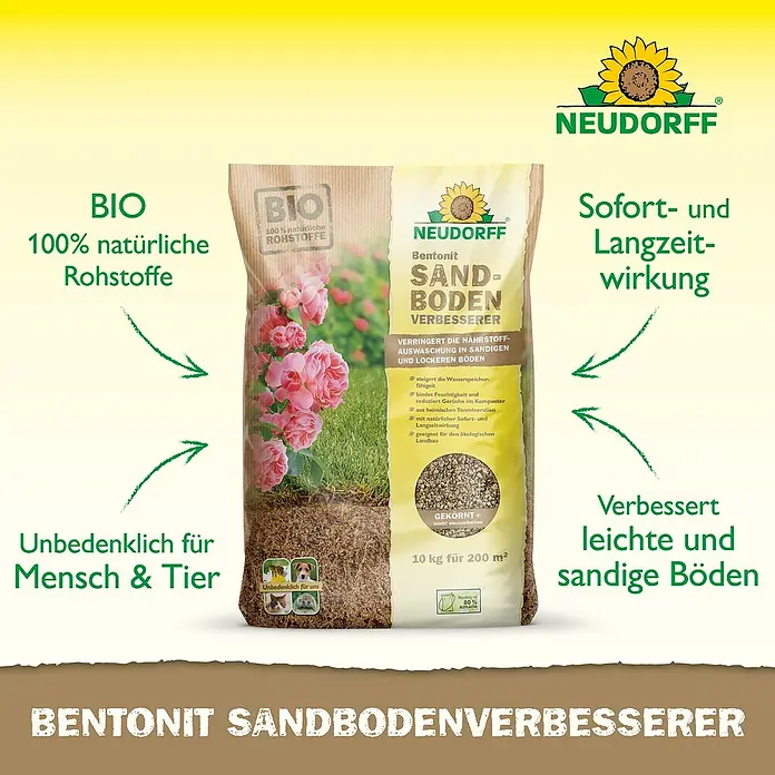 Neudorff Betonit Sandboden-Verbesserer - 10 kg, Max. Anwendungsfläche: 100 m² - Produktbild von Neudorff Bentonit Sandbodenverbesserer, einer natürlichen Bodenverbesserung für Sandböden.