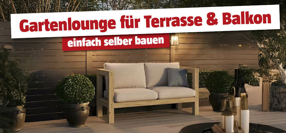 Selbstgemachte Gartenlounge auf der Terrasse mit Titel 