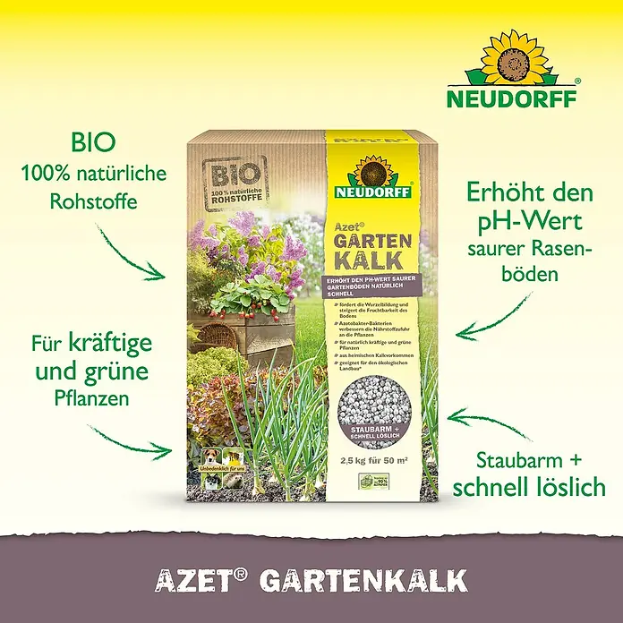 Neudorff Azet Gartenkalk - 2,5 kg - Produktbild: Neudorff Azet Gartenkalk – Bio-Kalk zur Erhöhung des pH-Werts, für kräftige Pflanzen und gesunde Böden.