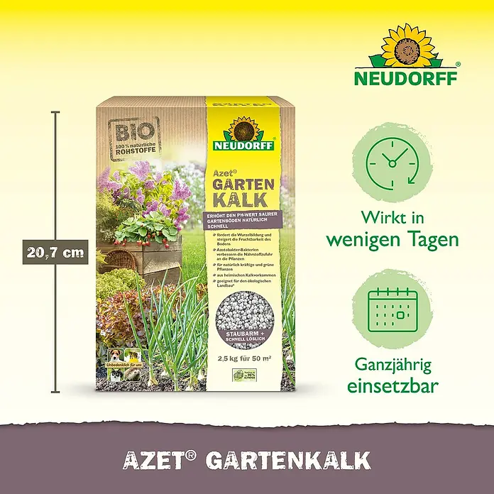 Neudorff Azet Gartenkalk - 2,5 kg - Bild einer Packung Neudorff Azet Gartenkalk, ein natürlicher Kalkdünger zur schnellen Erhöhung des pH-Werts im Gartenboden.