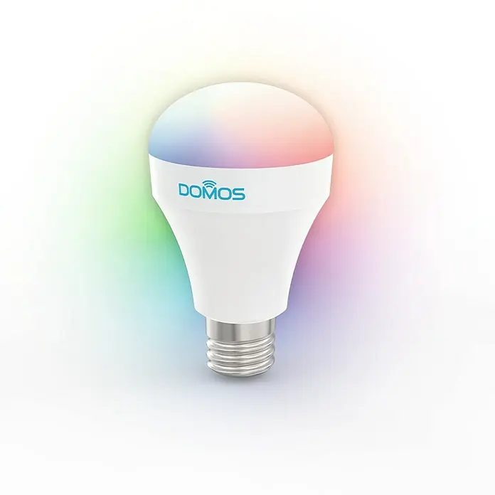 Bombilla LED RGBW inteligente con WiFi Domos - Potencia: 7 W, Zócalo: E27, Color de luz: RGBW - Primer plano de una bombilla inteligente DOMOS con cambio de color y carcasa blanca. Ideal para iluminación moderna.