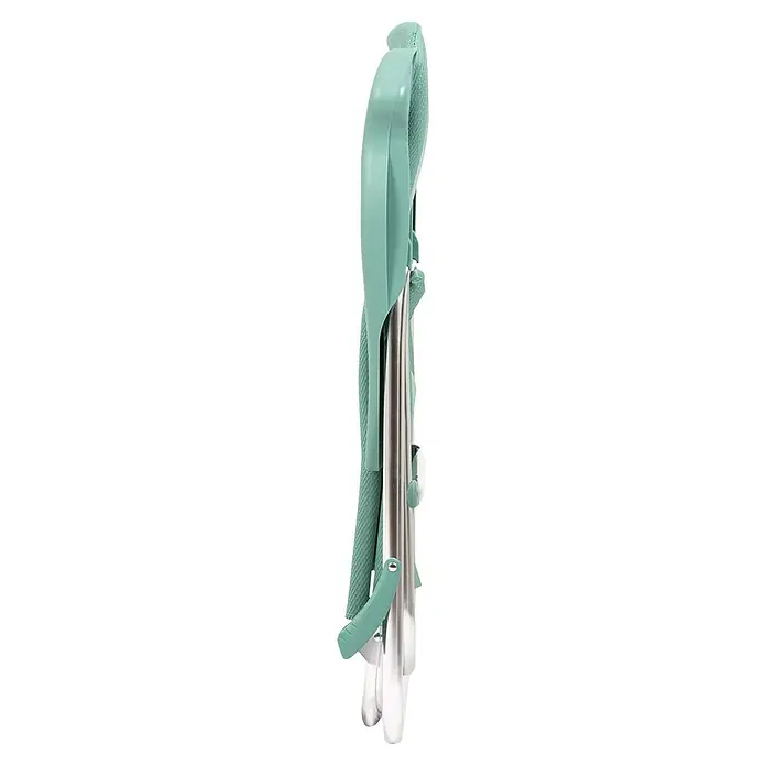Silla de playa sin cabezal Crespo - 64 x 55 x 88 cm, Textil, Turquesa - Primer plano de un limpiador de bañera verde pálido con cabezal de esponja y mango plateado, ideal para la limpieza del baño.
