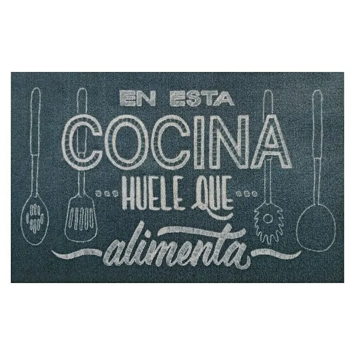Alfombra corredera de cocina Kitpic - Negro, 80 x 50 cm - Alfombra de cocina con el estampado "En esta cocina huele que alimenta", rodeada de utensilios.