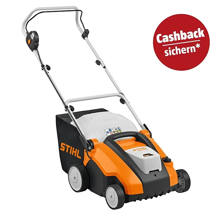 Stihl AK Akku-Vertikutierer-Lüfter RLA 240 - Anzahl Akkus: Ohne Akku, 36 V, Arbeitsbreite: 340 mm - Oranger und schwarzer STIHL RLA 240 Akku-Rasenlüfter mit weißem Griff und Fangkorb für effektive Rasenpflege.